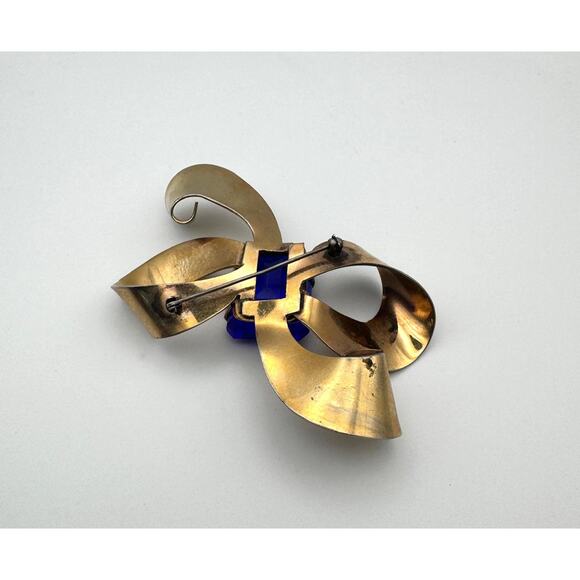 Vintage 1940s Retro Sterling Vermeil Bow Brooch with Blue Glass Stone - Picture 4 of 8